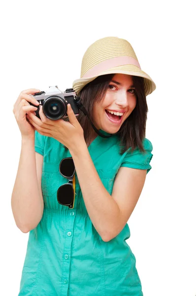 Porträt einer glücklichen jungen Touristin Stockbild