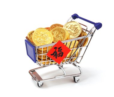 Gold coins in shopping cart,Chinese New Year Calligraphy for 