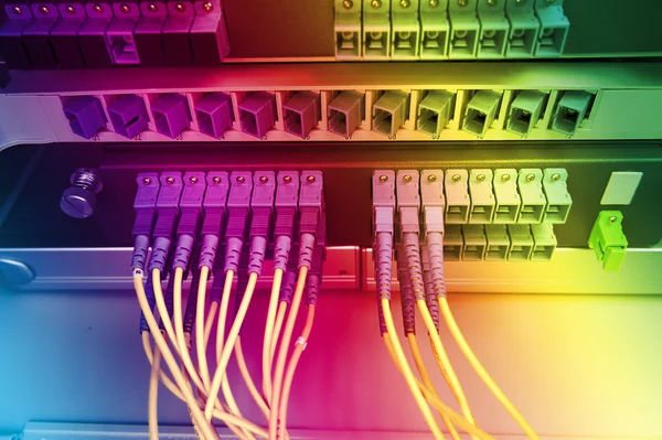 Cables de fibra óptica conectados a un interruptor óptico — Foto de Stock