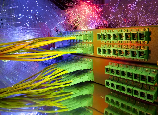 stock image Optic fiber cables connected to an optic switch