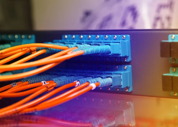 Câbles à fibres optiques connectés à un commutateur optique — Photo