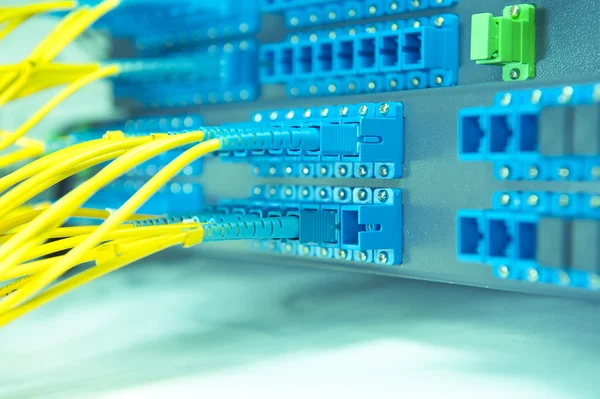 Panel de conexión y interruptor de cables de red óptica de fibra —  Fotos de Stock