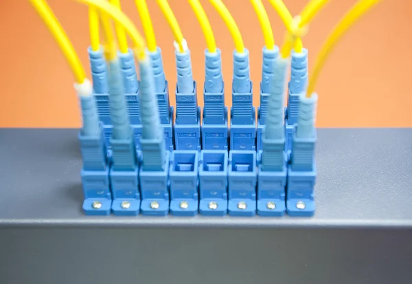 Cabo de fibra servir com estilo de tecnologia contra fundo de fibra óptica — Fotografia de Stock