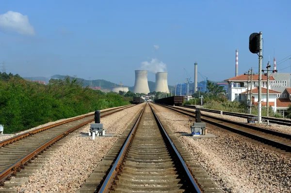 Industrial landscape with chimneys and train — Stock Photo, Image