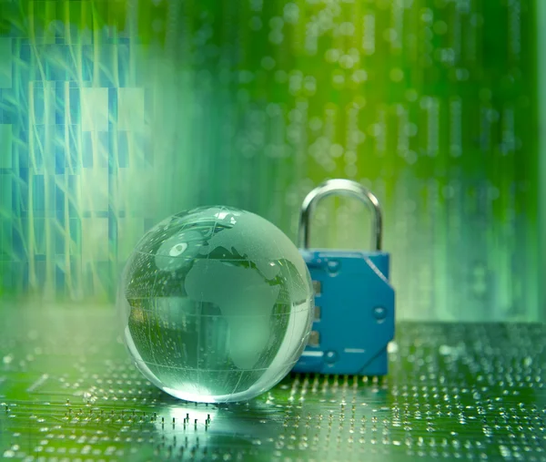 Lock and world map with technology background — Stock Photo, Image