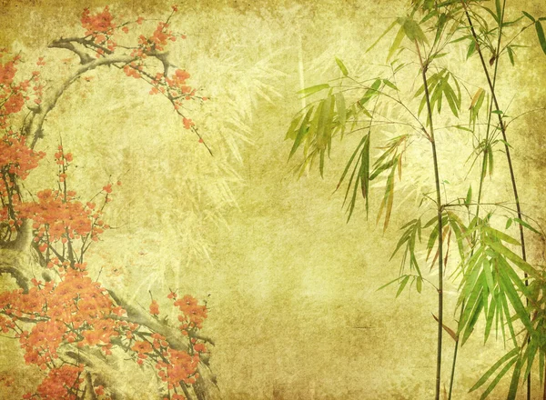 Bamboo and plum blossom on old antique paper texture — Stock Photo, Image