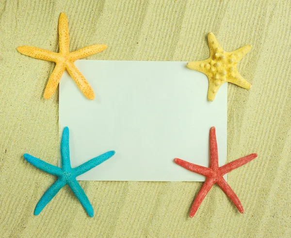 Estrella de mar y conchas con marco en la playa, recuerdos de vacaciones —  Fotos de Stock