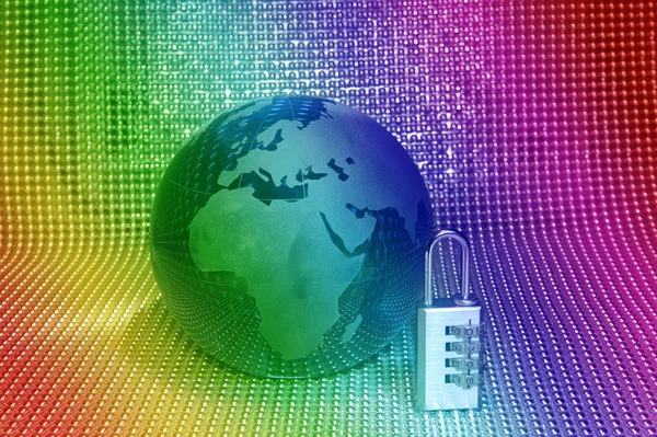Lock and world map with computer keyboard background — Stock Photo, Image