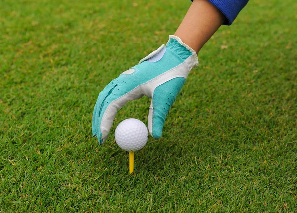 Рука в перчатке кладет мяч для гольфа на футболку — стоковое фото