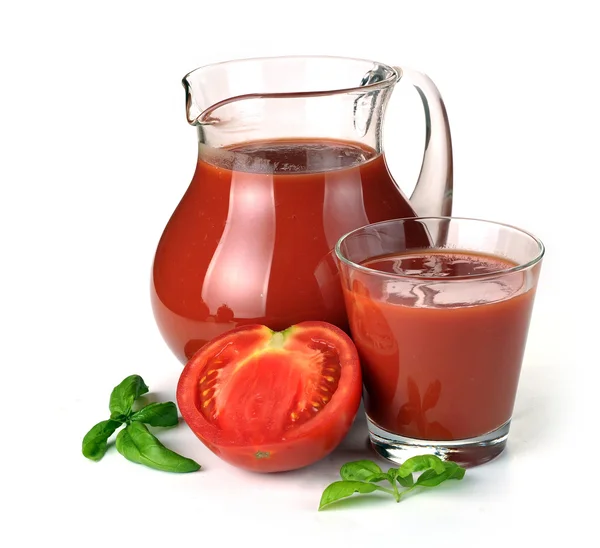Jarra, vaso de jugo de tomate y frutas — Foto de Stock