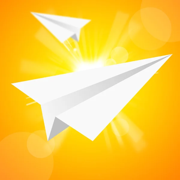 O avião de papel no céu amarelo — Fotografia de Stock