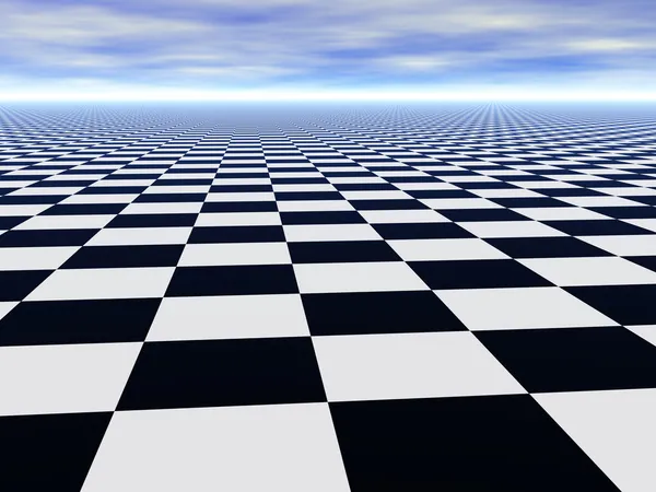 Abstract infinite chess floor and cloudy sky — Stock Photo, Image