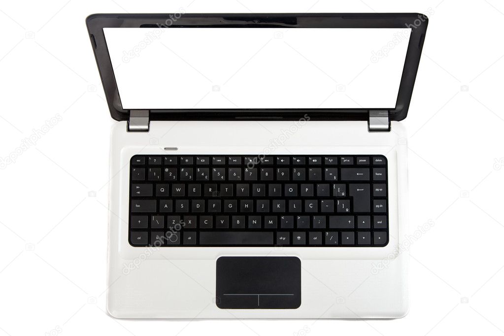 A white notebook with black keyboard and touchpad