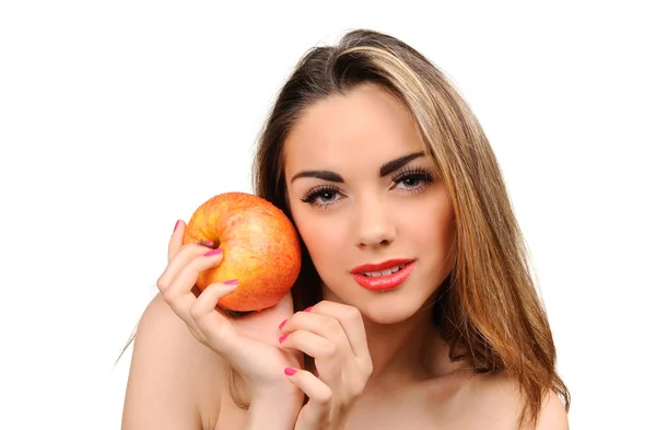 Krásná mladá žena s apple. Izolované na bílém — Stock fotografie