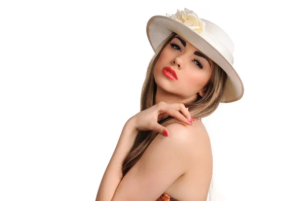 Portrait of beautiful girl in hat isolated on white — Stock Photo, Image