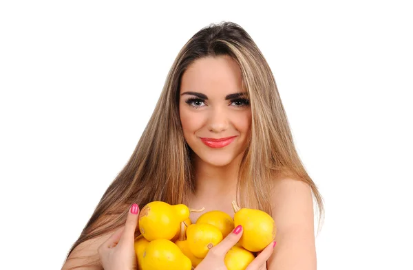 Beautiful young woman with pear. Isolated over white — Stock Photo, Image