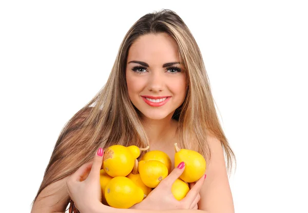 Beautiful young woman with pear. Isolated over white — Stock Photo, Image