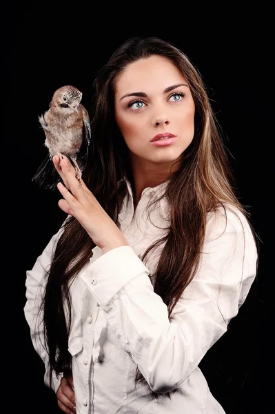 Portret van mooi meisje in fashion stijl met vogel in de hand — Stockfoto