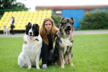 mutlu kız köpeklerle oturan