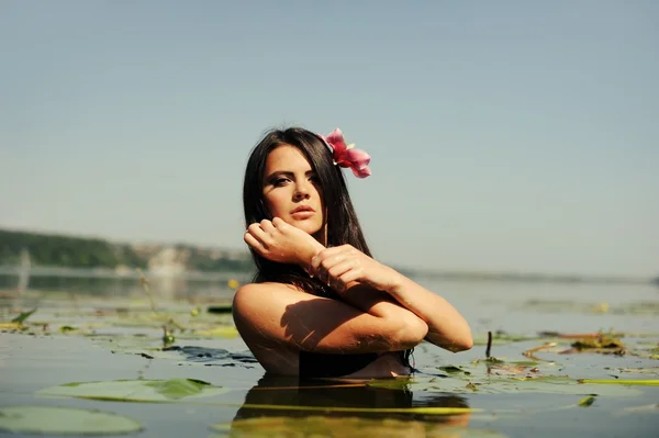 Sexy brünette Frau im Wasser im Mode-Stil — Stockfoto