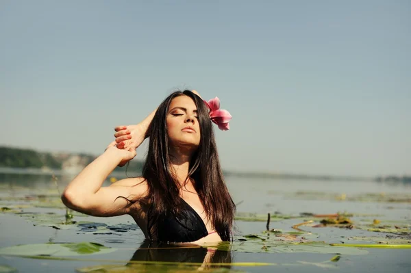 Sexy bruna donna in acqua in stile moda — Foto Stock