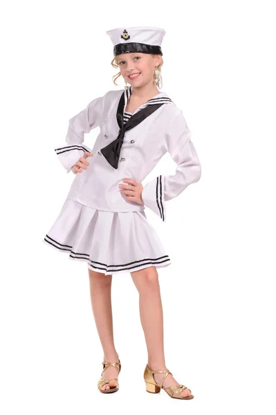 Bella ragazza nel vestito marinaio su sfondo bianco — Foto Stock