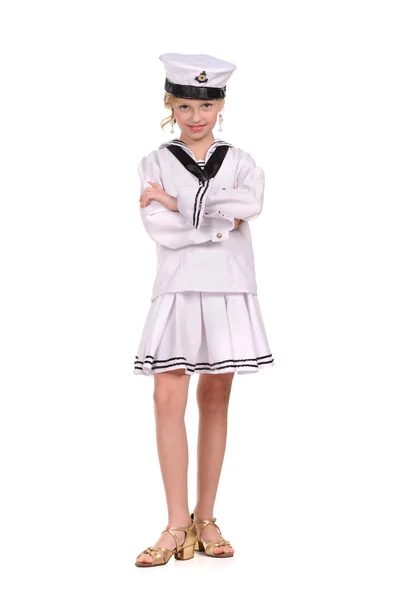 Mooi meisje in de sailor suit op witte achtergrond — Stockfoto