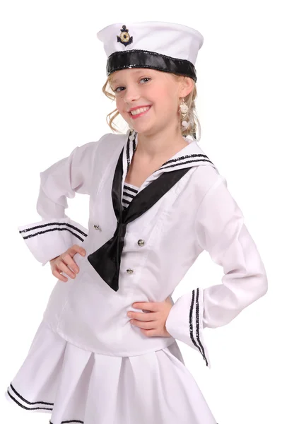 Beyaz zemin üzerine denizci takım elbiseli güzel kız — Stok fotoğraf