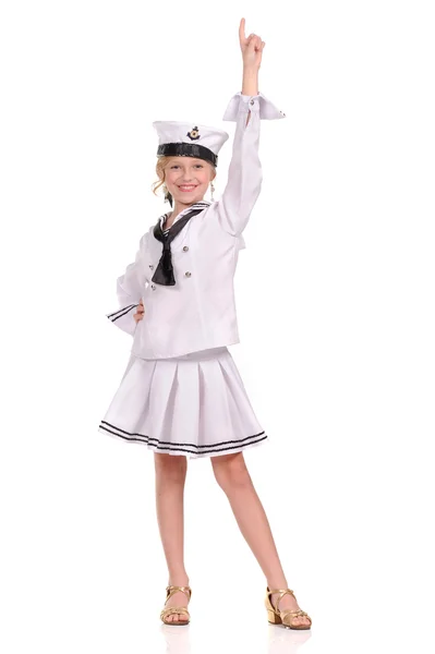 Menina bonita no terno marinheiro no fundo branco — Fotografia de Stock