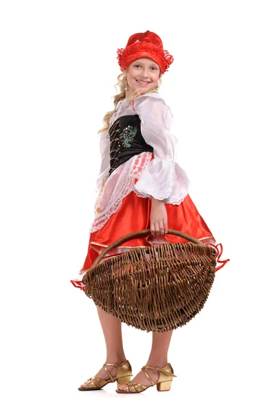 Hübsches Mädchen als kleine rote Mütze auf weißem Hintergrund — Stockfoto