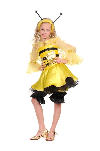 Beyaz zemin üzerinde arı elbiseli güzel kızla — Stok fotoğraf