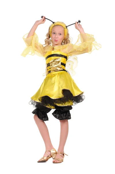 Menina bonita com o vestido de abelha no fundo branco — Fotografia de Stock