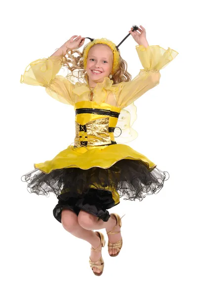 Menina bonita com o vestido de abelha no fundo branco — Fotografia de Stock