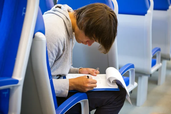 Filling out an itinerary in a train — Stock Photo, Image