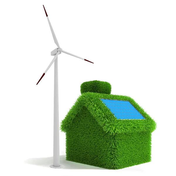 3D grönt gräs hus, ekologi koncept — Stockfoto