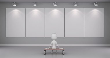 3d man standing in front of blank canvas at art gallery clipart