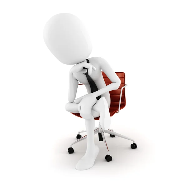 3D wykonawczy mężczyzna siedzi na krześle, struganie w następnym ruchu, na białym tle — Zdjęcie stockowe