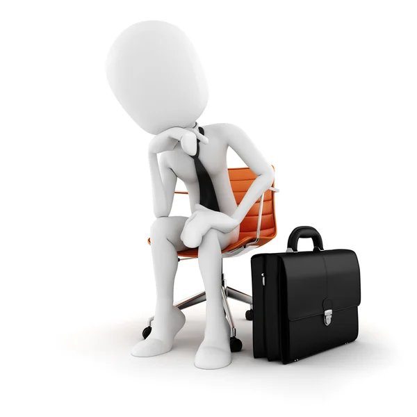 3d man executive sitzt in einem Stuhl, der den nächsten Schritt plant, auf weißem Hintergrund — Stockfoto