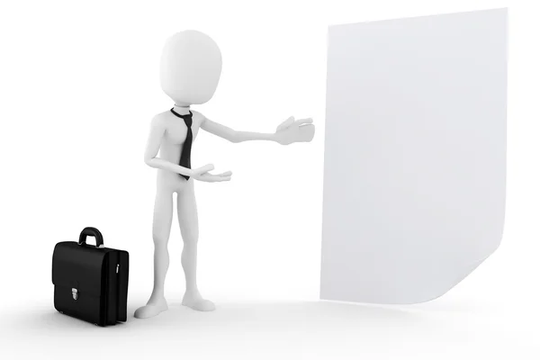 3d man presenting a blank document — Stock Photo, Image
