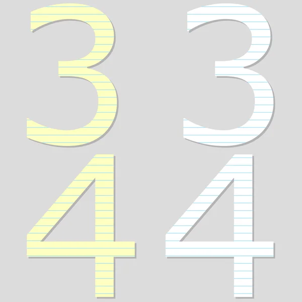 Schriftset aus Papier Zahlen 3 und 4 — Stockvektor