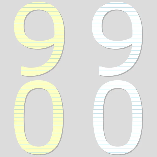 Schriftset aus Papier Zahlen 9 und 0 — Stockvektor