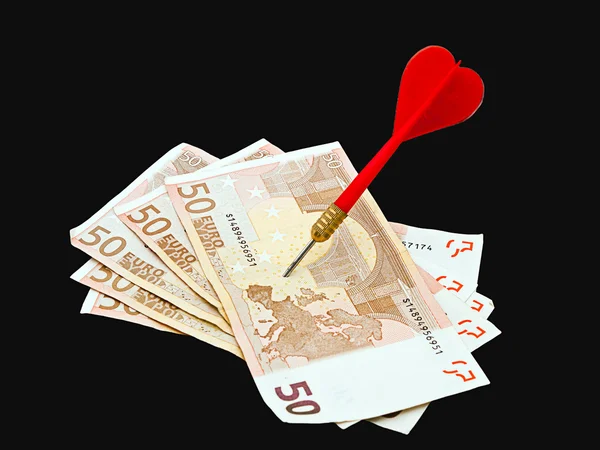 Target euros - notas con metáfora dardo rojo — Foto de Stock