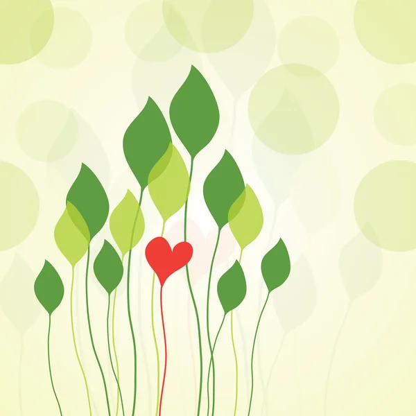 Carte de voeux avec des feuilles et un cœur rouge — Image vectorielle