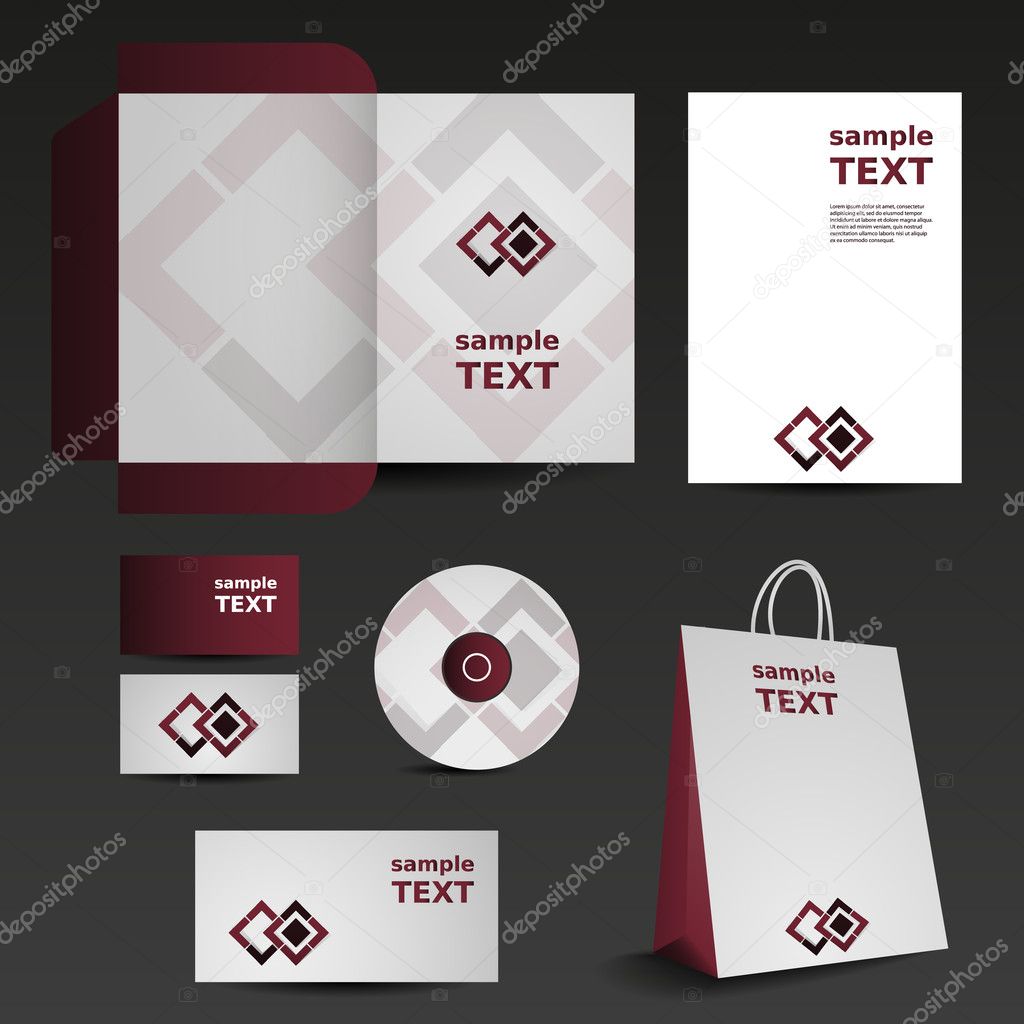 Stationery Template Design and Business Set: Envelope, Business Card, CD, Stationery, Notepaper, Shopping Bag - Illustration in Freely Editable Vector Format