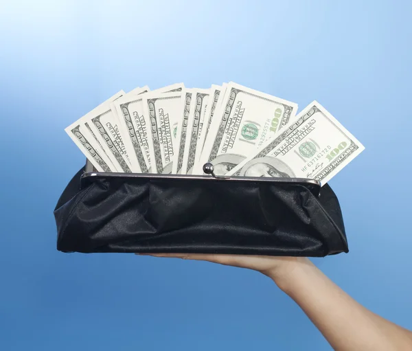 Purse with money on hand (shallow dof) — Stock Photo, Image