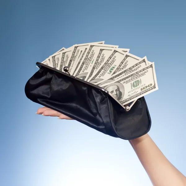 Сумочка с деньгами на руках (мелкий dof ) — стоковое фото