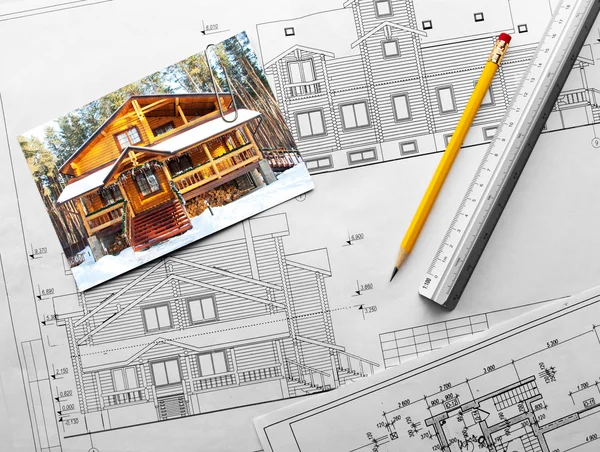Architectural project of wooden mansion — Stock Photo, Image