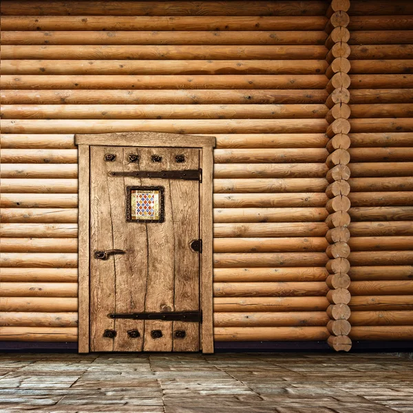 Dřevěná stěna s dveřmi — Stock fotografie