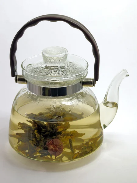 stock image Glass teapot with tea