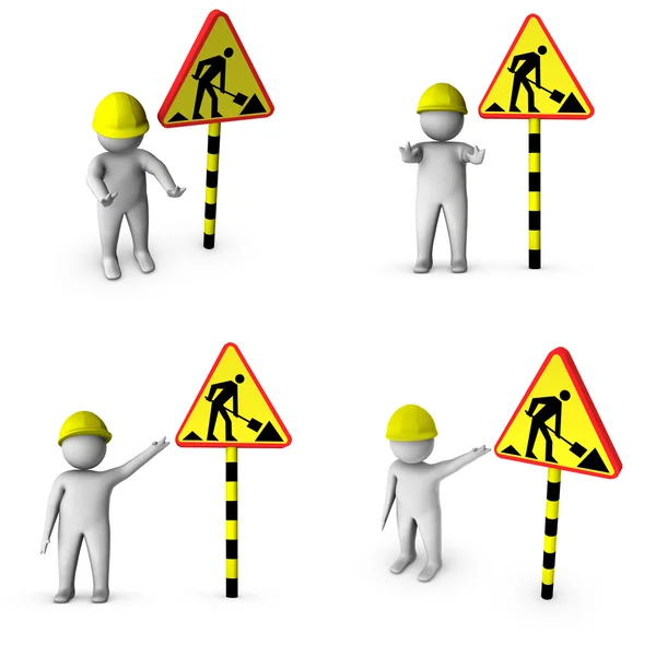 3d 工人与道路工程标志 — 图库照片